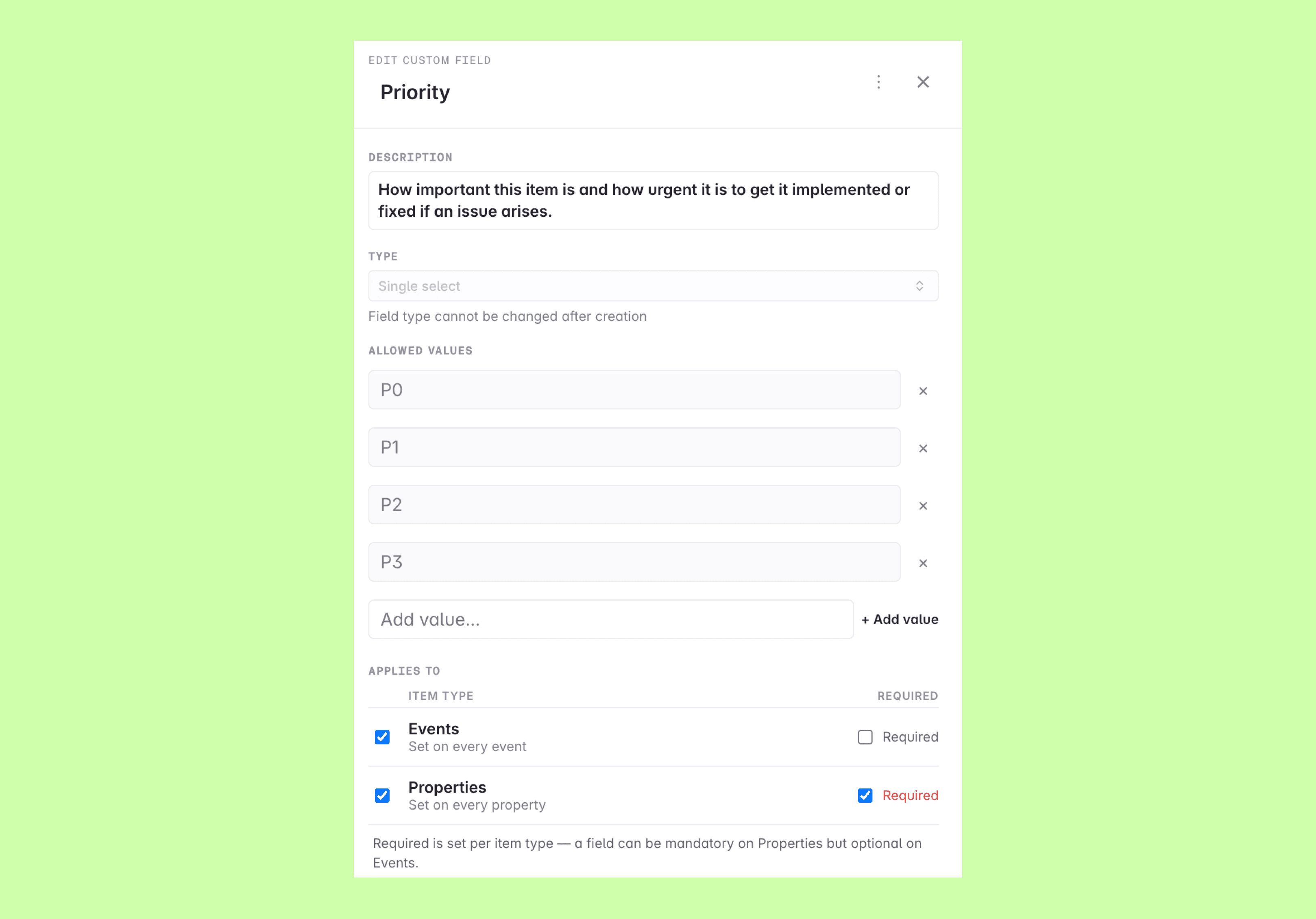 The details of a Priority custom field with allowed values, scopes and per-scope required toggles