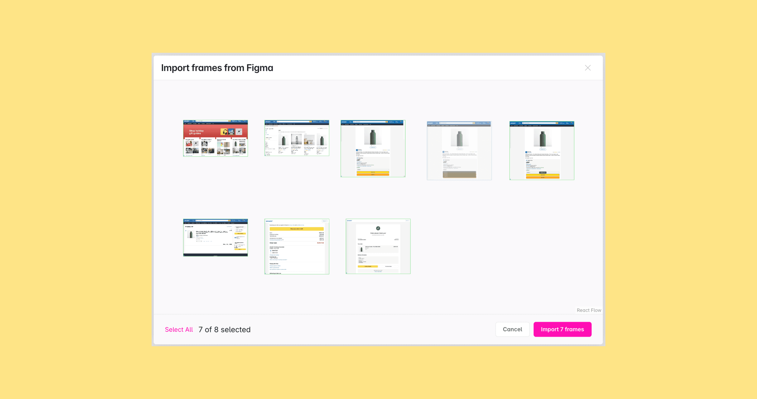Frame picker showing Figma frames as thumbnails
