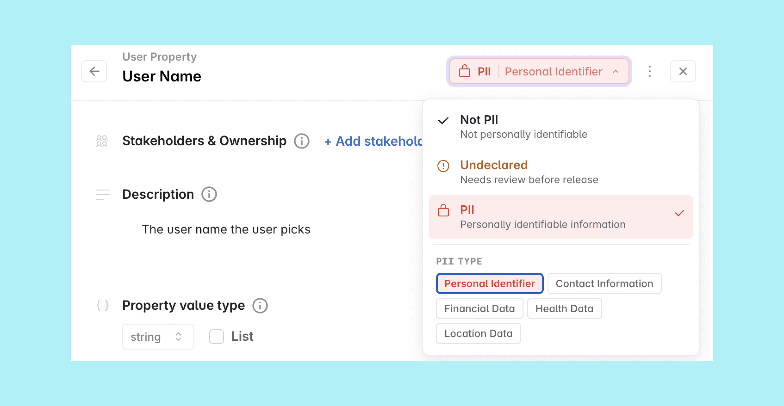 The PII pill open in the property detail header with the Not PII, Undeclared and PII options and a PII type picker